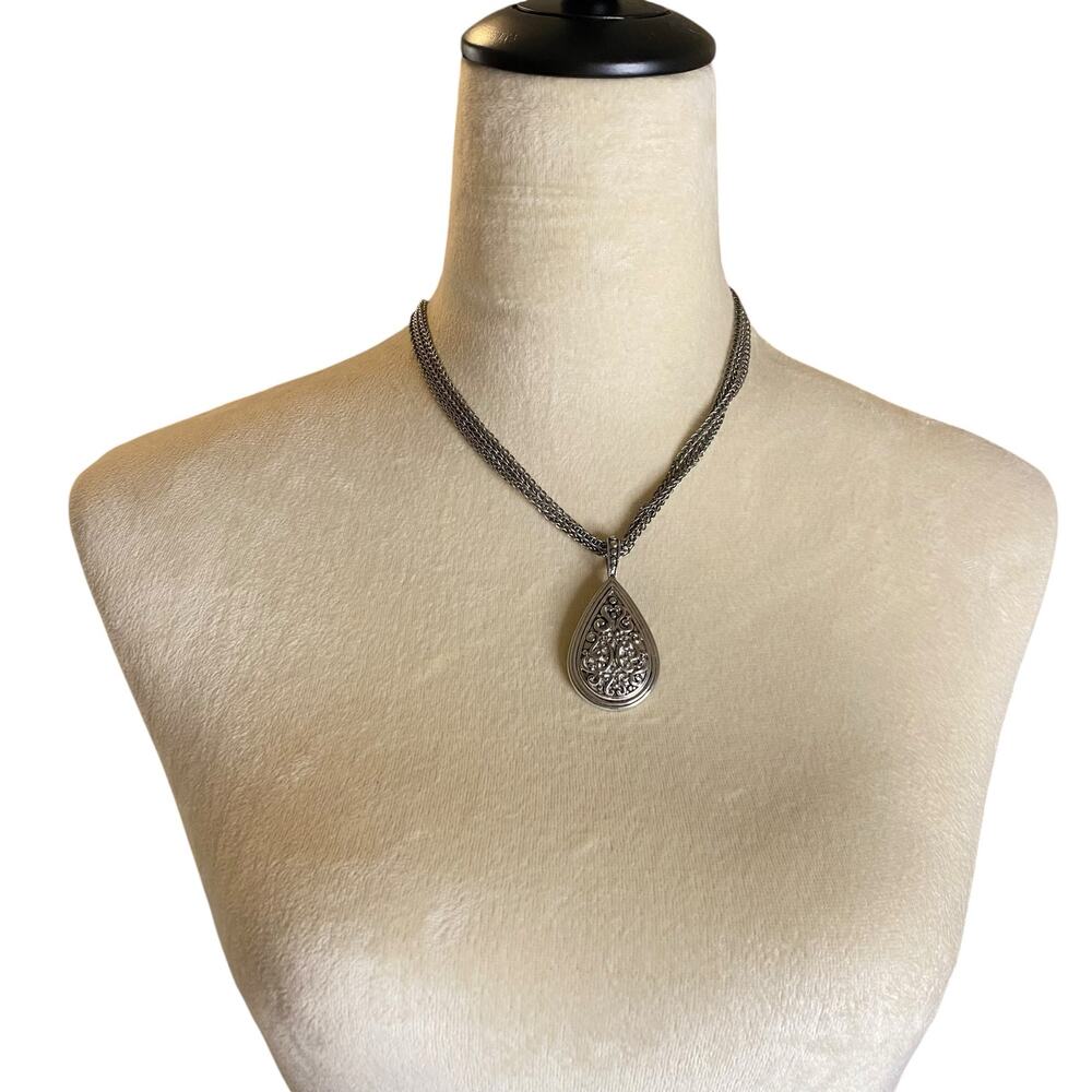 Lia Sophia "Brocade" Silver Plated Triple Chain Necklace with Tear Drop Pendant